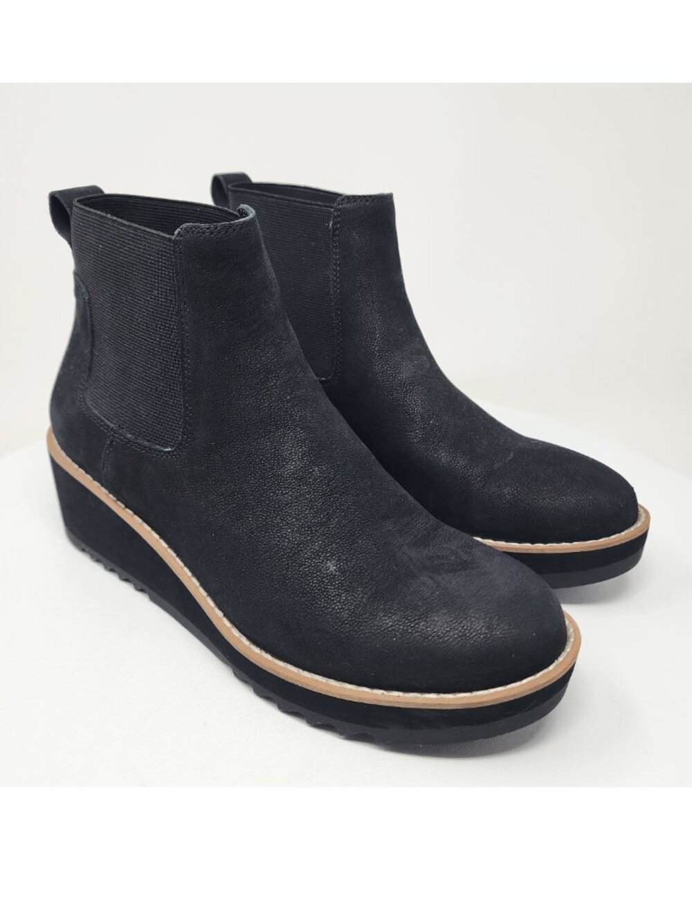Eileen Fisher Luv Wedge Chelsea Boots Women 7 Black Nubuck Leather Ankle Bootie